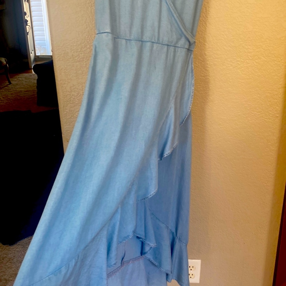 Lt denim dress ruffled front sleeveless